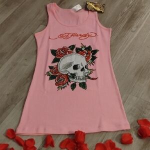 Ed Hardy Pink Tank with Skull & Red Rose Graphic